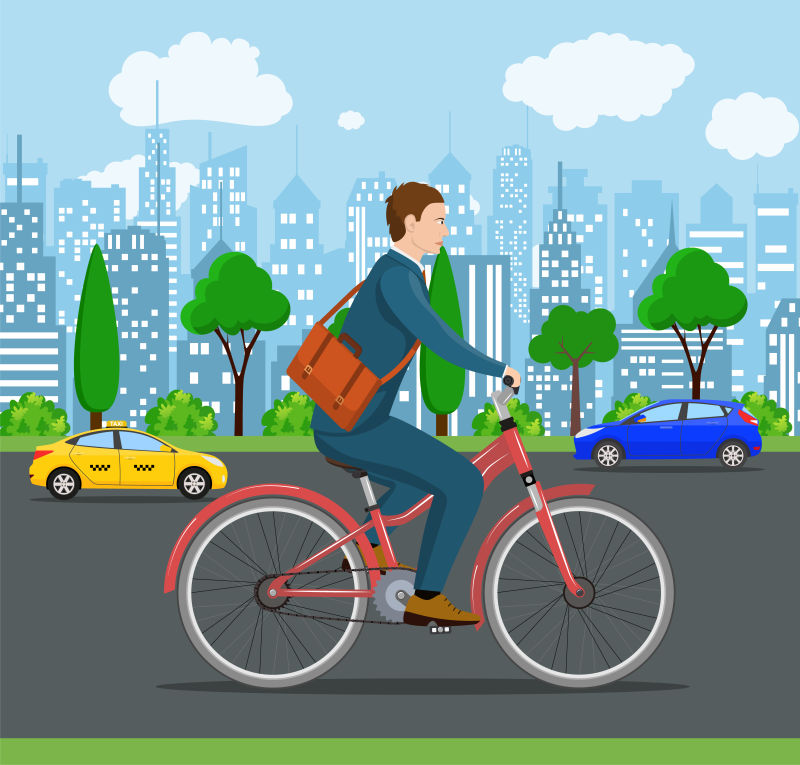 创意矢量城市里骑自行车的人插图设计