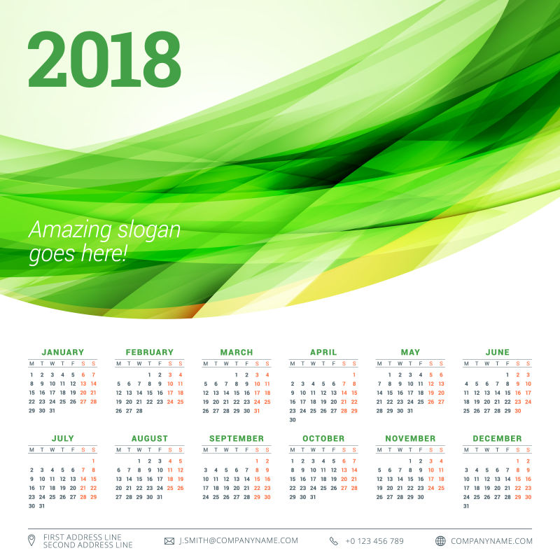 创意矢量现代绿色彩带元素的日历设计