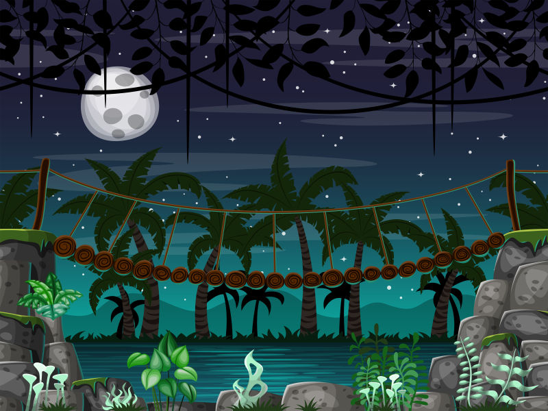 矢量抽象现代夜晚的森林卡通插图设计