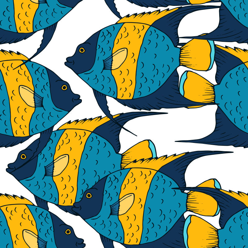 抽象矢量现代卡通热带鱼装饰无缝背景
