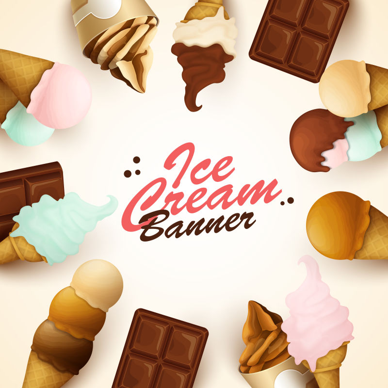 背景有不同类型的冰淇淋和巧克力