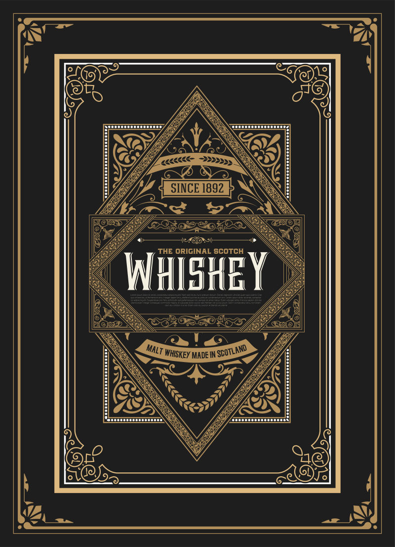 抽象矢量复古装饰风格的威士忌标签