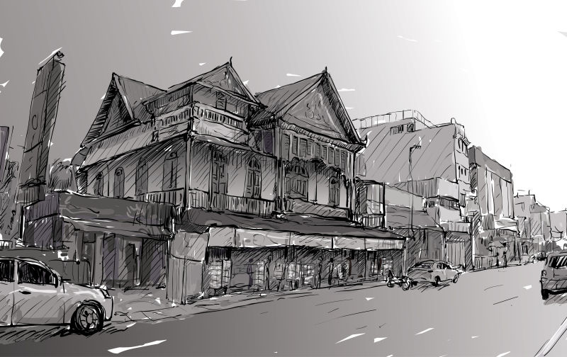 抽象矢量现代泰国城市手绘草图设计