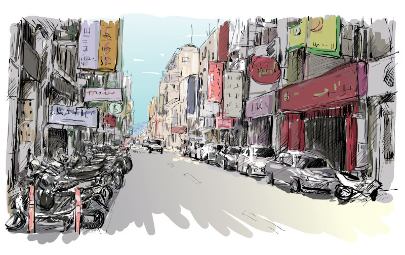 创意矢量现代台湾城市手绘插图设计