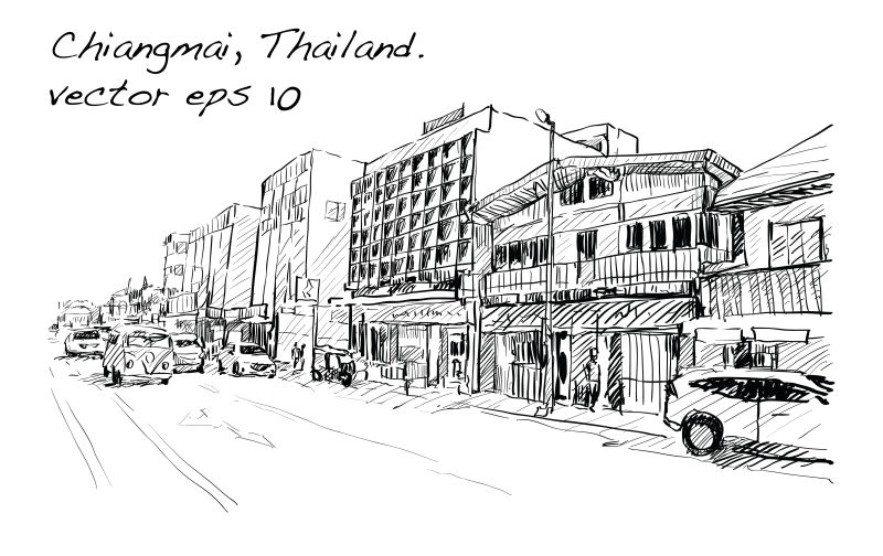 创意矢量泰国城市景观手绘插图设计