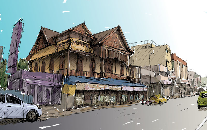 抽象矢量美丽的泰国城市手绘插图设计