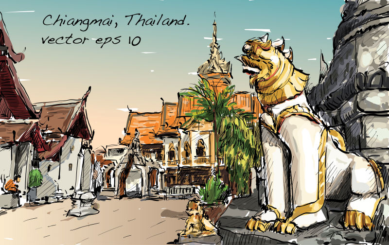 创意矢量泰国城市手绘插图设计