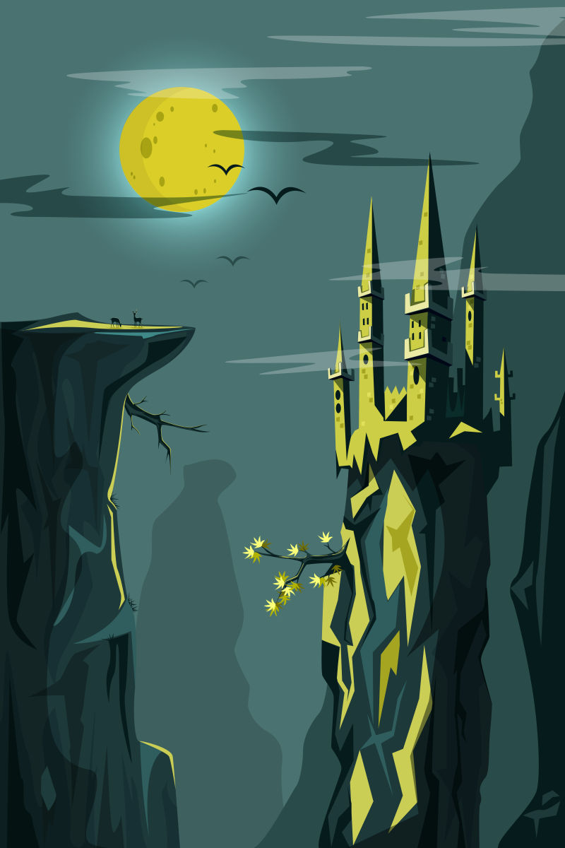 创意矢量夜月下的城堡插图设计