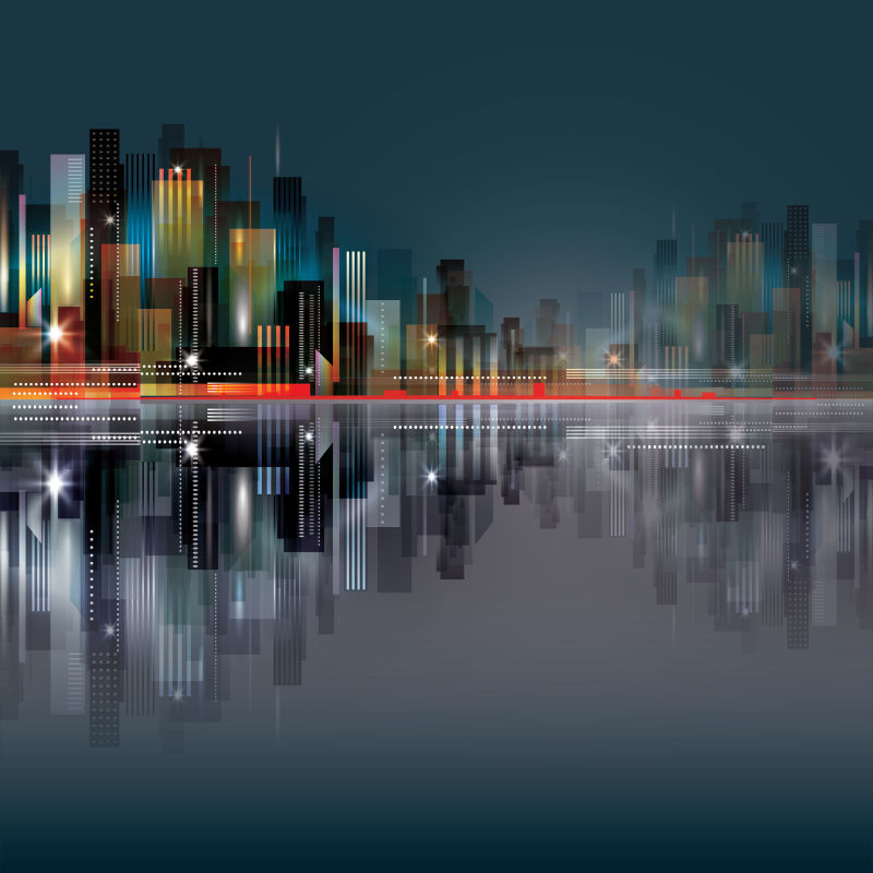 创意矢量现代城市夜景平面插图设计