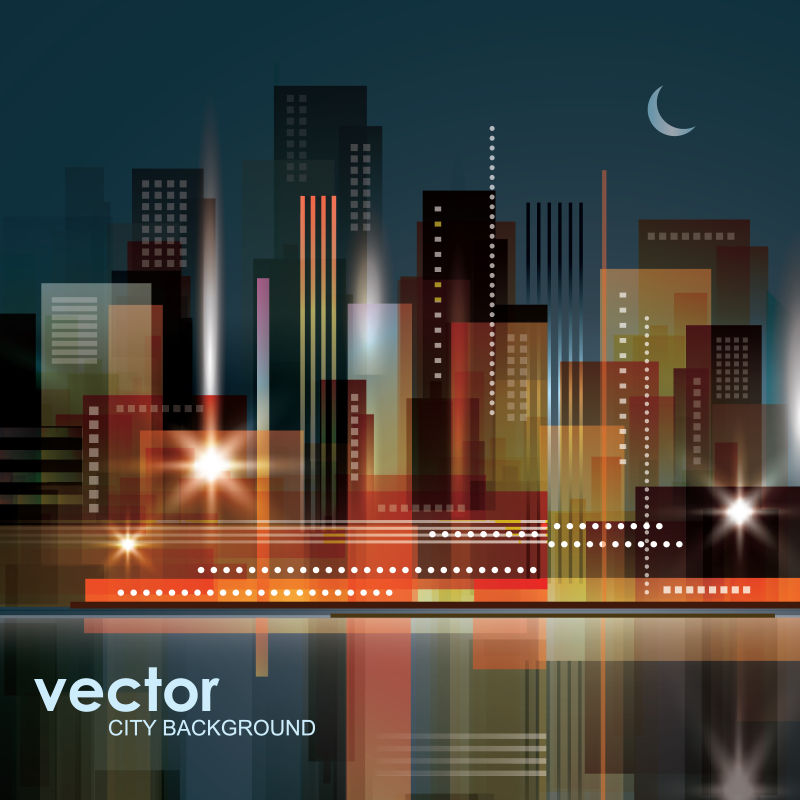 抽象矢量现代城市夜景平面插图设计