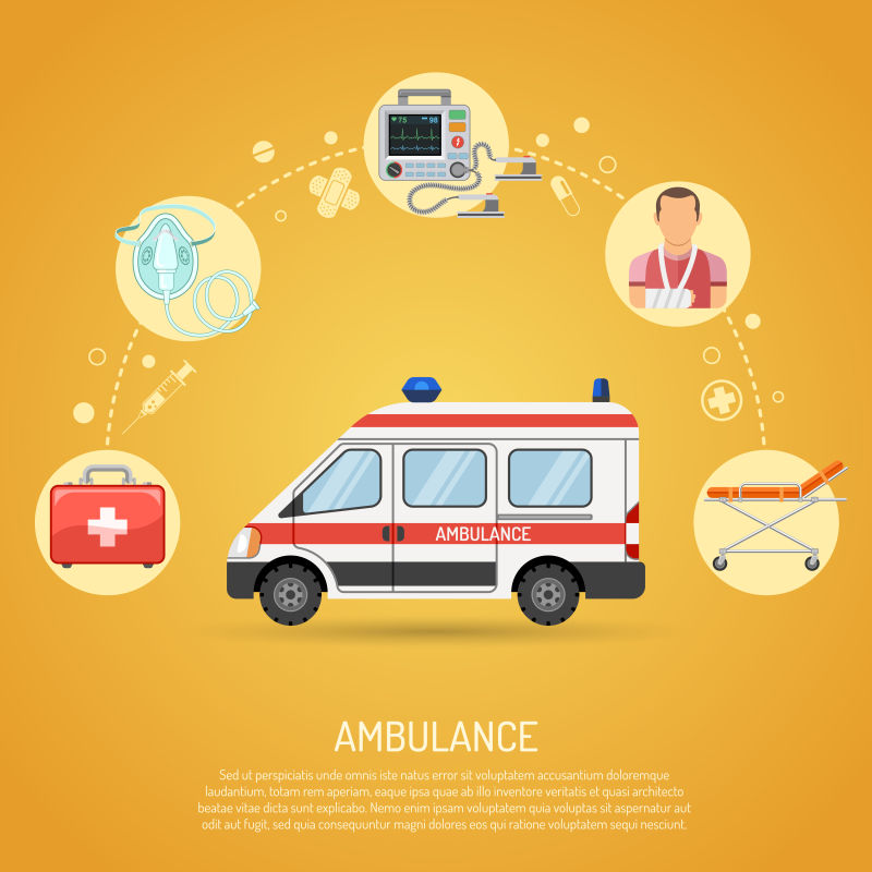 医疗紧急救护车的概念与平面图标车-除颤器-担架-病人-孤立向量图示