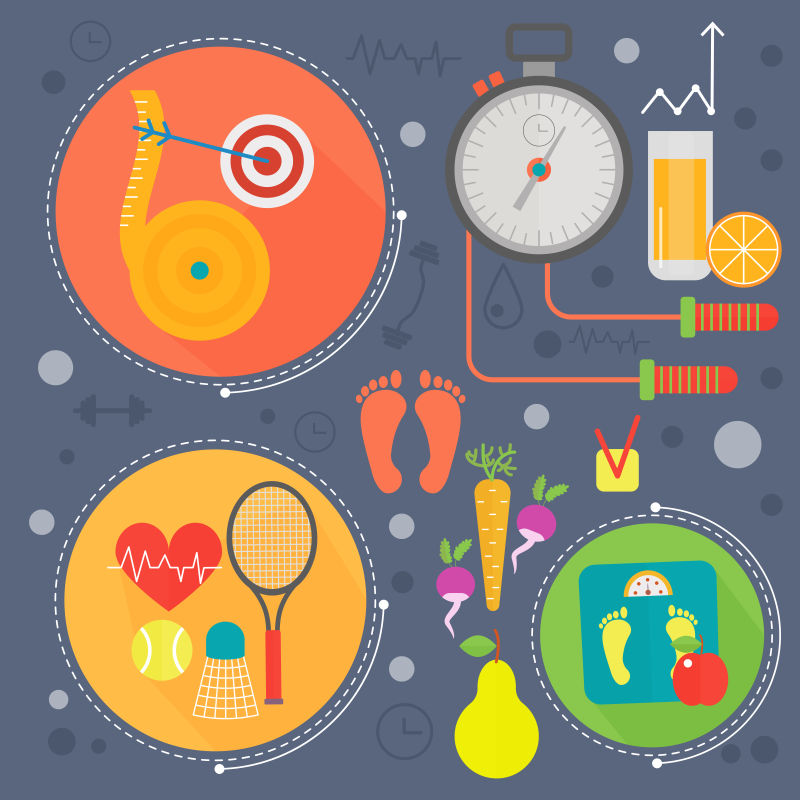 健康生活平面概念矢量插图体育健身房和健康食品的图标设计网络元素海报横幅