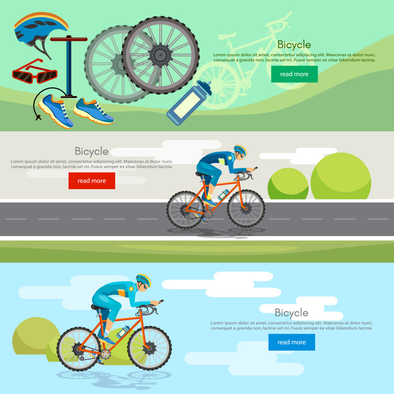 自行车横幅活动生活方式体育图标集自行车骑手矢量体育自行车比赛概念