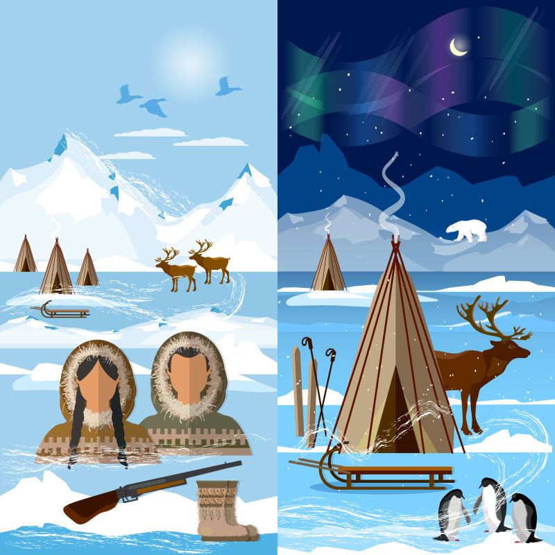 生活在遥远的北方北极野生人穿着传统的爱斯基摩服装和北极动物