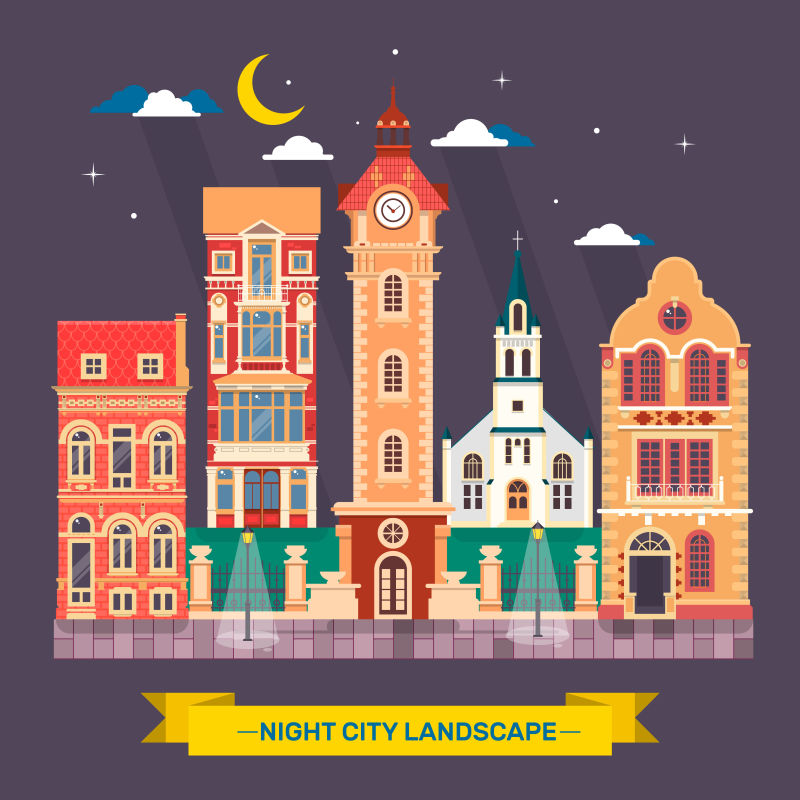 城市夜景小镇天际线平面插图