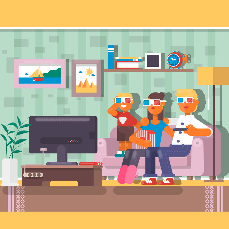 幸福的家人在家里一起看电视平面矢量插图