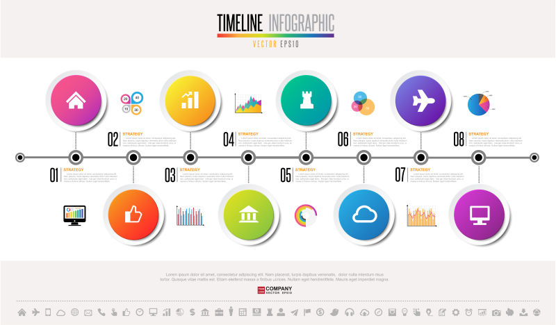 抽象矢量现代彩色图标元素的时间线信息图表设计
