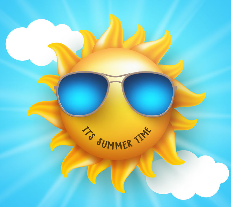 夏日阳光矢量设计-有趣的微笑和夏日文字-戴着蓝色背景的太阳镜-矢量图
