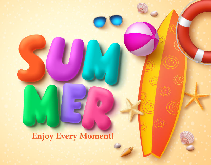 夏季矢量设计理念-丰富多彩的3D文本和沙滩背景下的夏季元素-矢量图