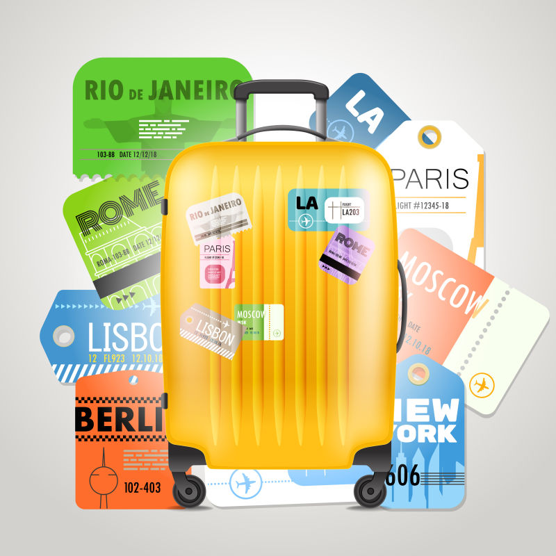不同的登机牌和现代旅行袋旅游概念