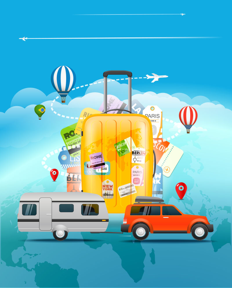 旅游概念旅行袋和不同的旅游元素包括汽车喷气机和气球