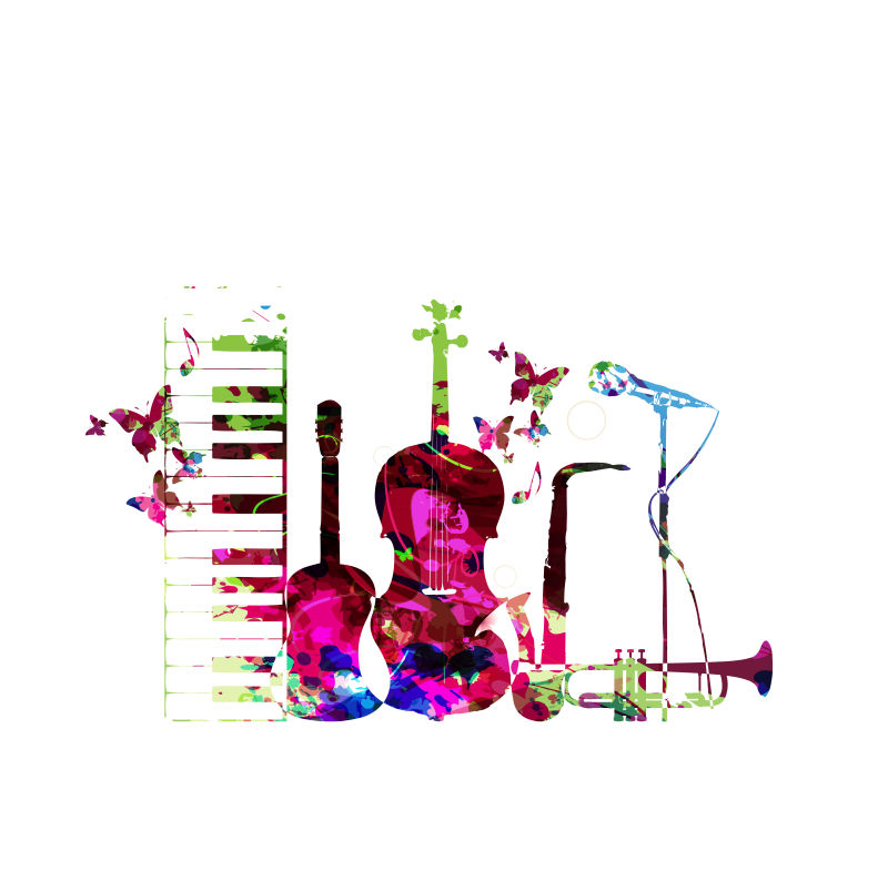 彩色乐器孤立矢量插图钢琴键盘吉他喇叭麦克风萨克斯管和小提琴音乐背景分离乐器
