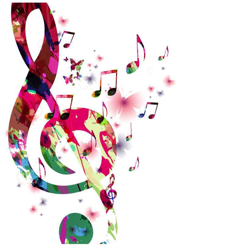 彩色音乐音符与蝴蝶隔离矢量插图海报宣传册横幅传单音乐会音乐节的音乐背景