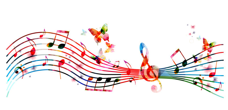 五彩缤纷的音符和蝴蝶隔离矢量插图海报宣传册横幅传单音乐会音乐节的音乐背景