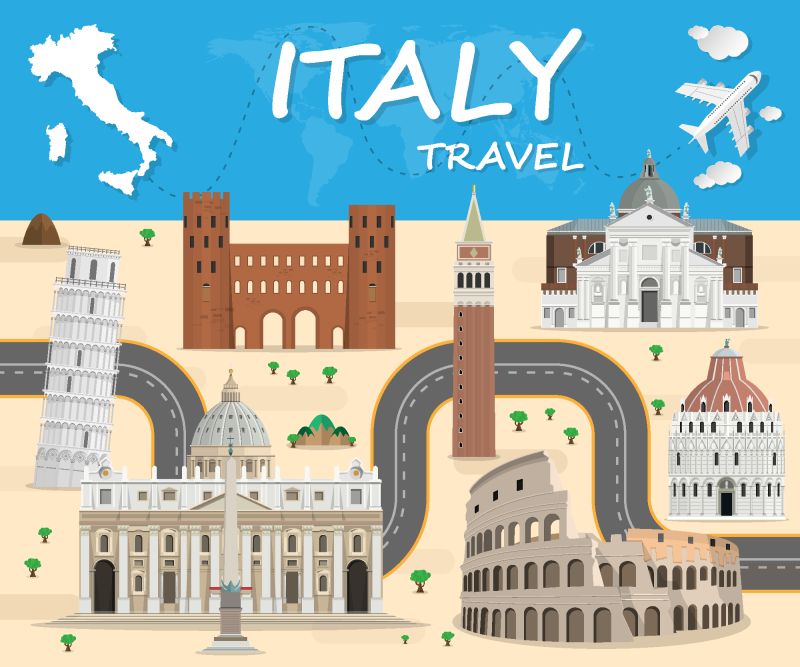 意大利地标环球旅行和旅程信息图矢量设计模板-矢量图解