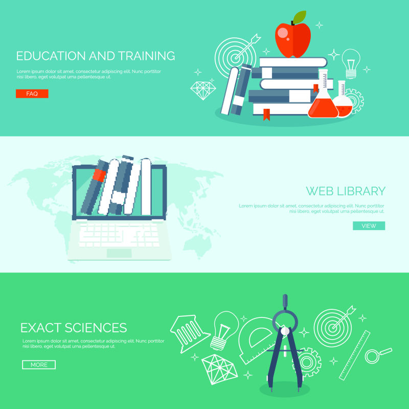 Web教程平面Web设计模板-网站横幅和登录页面的矢量图-标题与在线教育图标现代设计