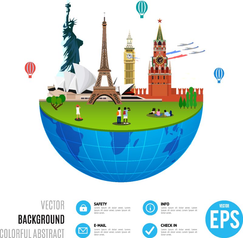 白色背景下的世界地标概念-旅游设计的矢量图-著名的国家符号图标-旅游城市场所文化建筑-美国俄罗斯伦敦巴黎澳大利亚