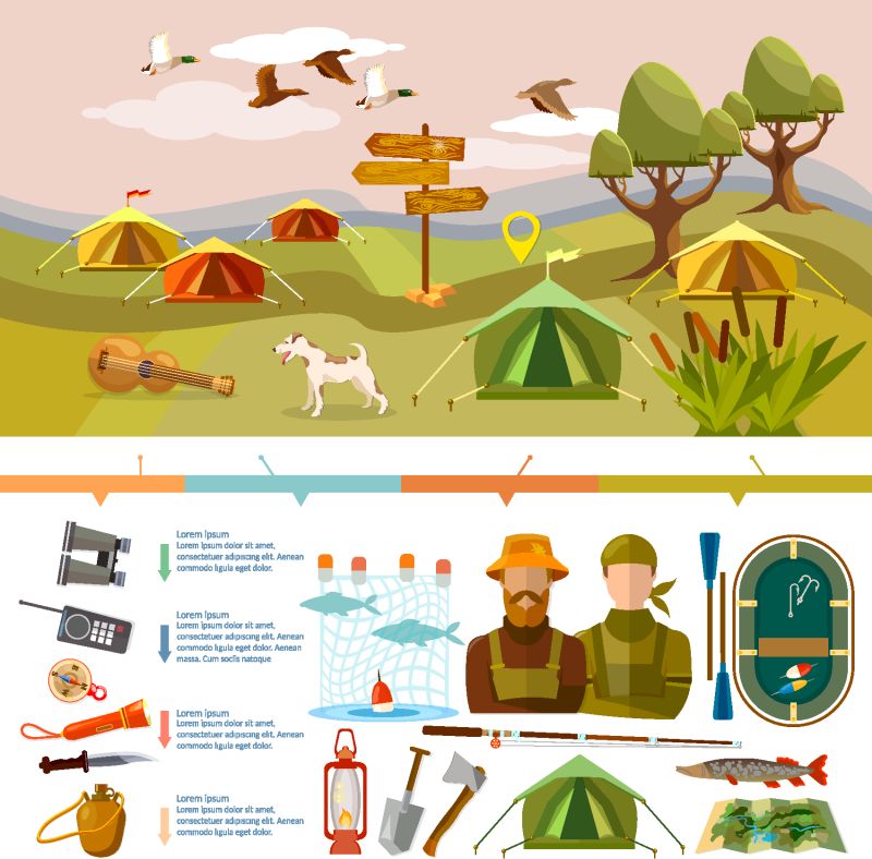 户外娱乐信息图表-钓鱼打猎露营-旅游和远足信息图表-室外展示设计