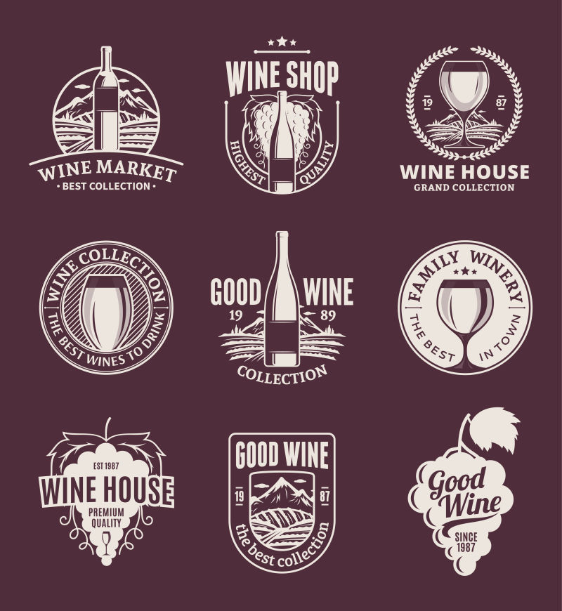 矢量葡萄酒标志图标和设计元素