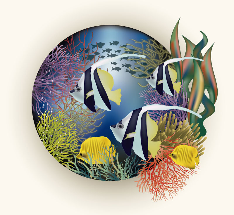矢量抽象海上的热带鱼平面插图设计