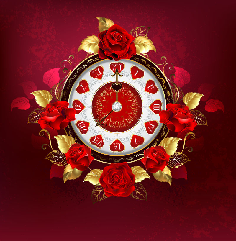 抽象矢量玫瑰元素装饰的钟表设计