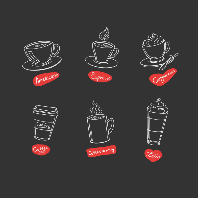 简单的涂鸦咖啡设计与标签-矢量图
