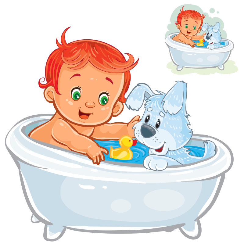抽象矢量和小狗一起洗澡的孩子插图