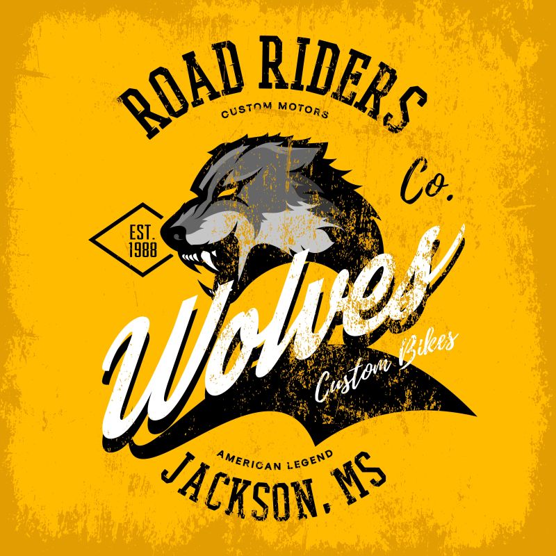 复古的美国狼骑自行车俱乐部T恤矢量设计隔离在黄色背景上-杰克逊街穿T恤徽章-优质野生动物优质标志概念插图
