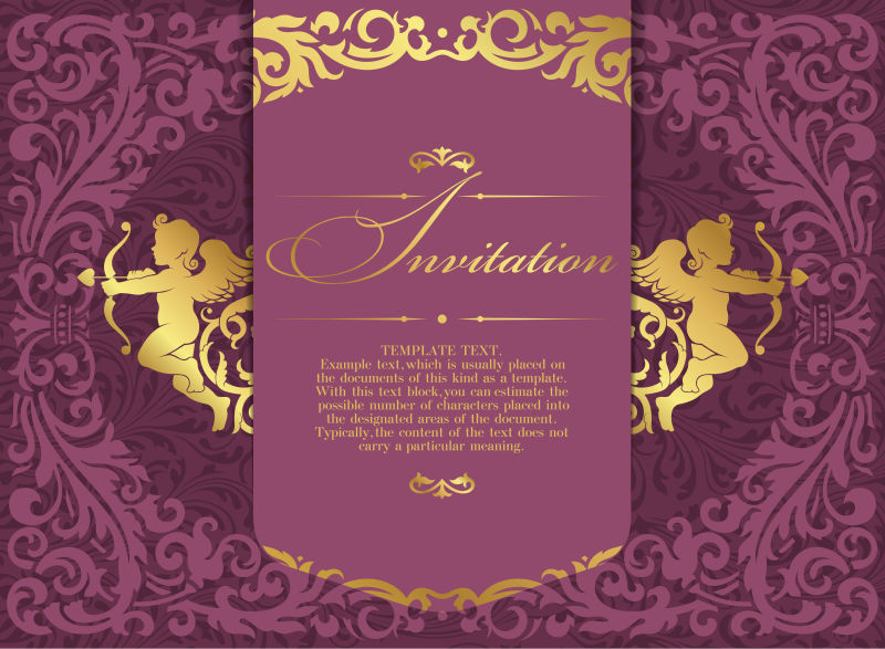抽象矢量古典装饰风格的紫色婚礼请帖设计