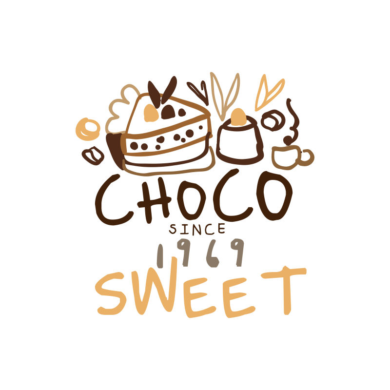 1969年以来甜巧克力标签手绘矢量插图标志模板