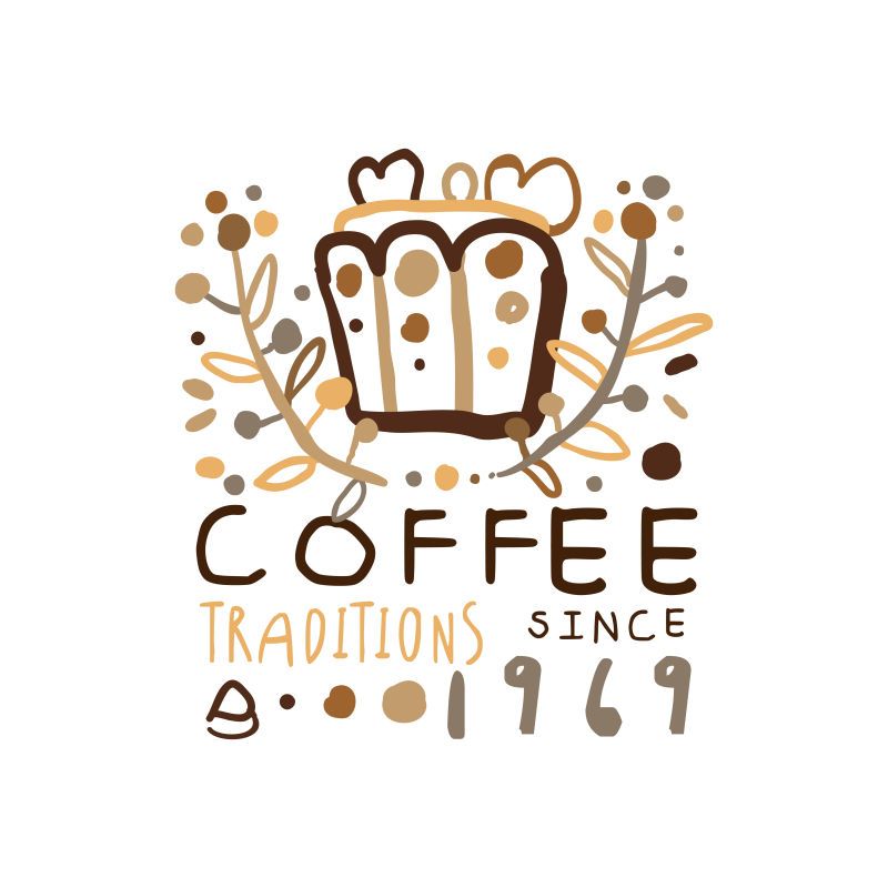 咖啡传统标签自1969年以来手绘矢量插图