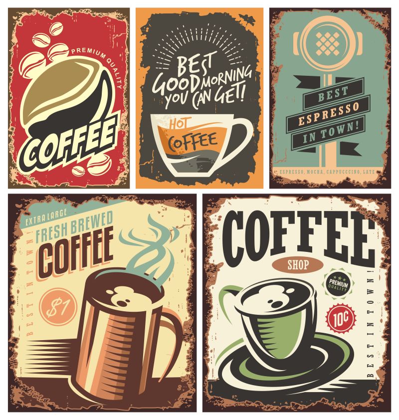 一套复古咖啡罐标志和海报