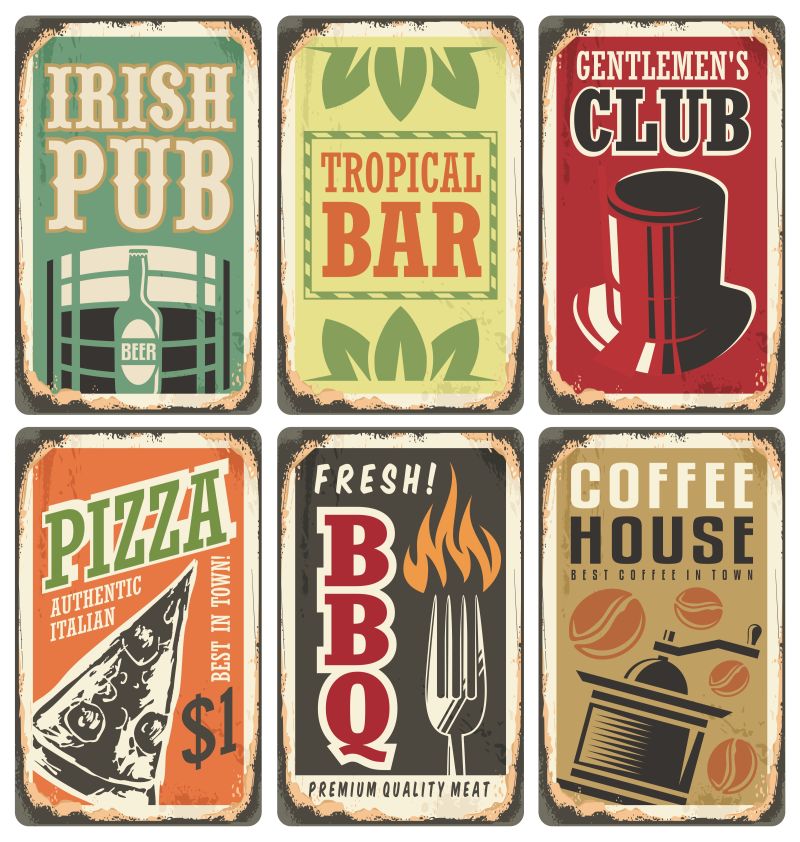 复古风格标志-复古金属符号矢量集-爱尔兰酒吧-比萨-热带酒吧-绅士俱乐部-烧烤-咖啡馆-没有阴影透明度和渐变-只填充颜色