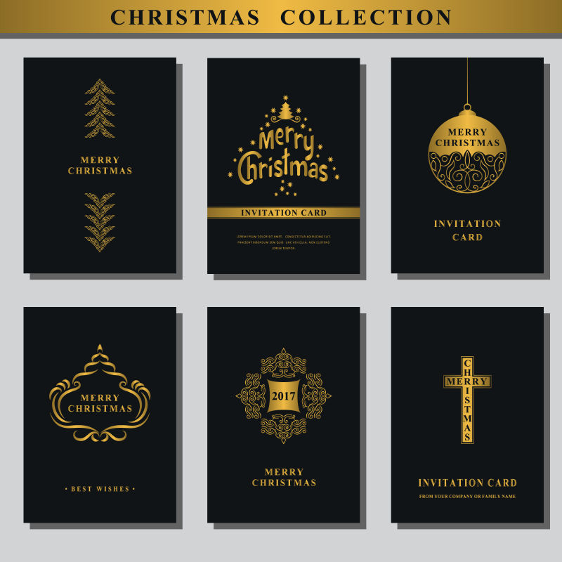一套圣诞邀请函-收集贺卡-祝你圣诞快乐-金饰-圣诞树-雪花-球-宗教十字架-矢量插图