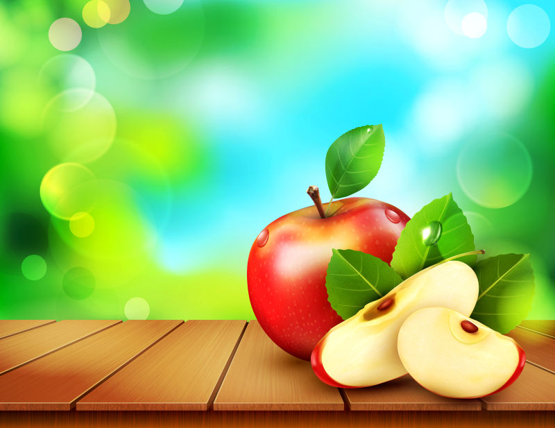 矢量红苹果苹果片放在木桌上