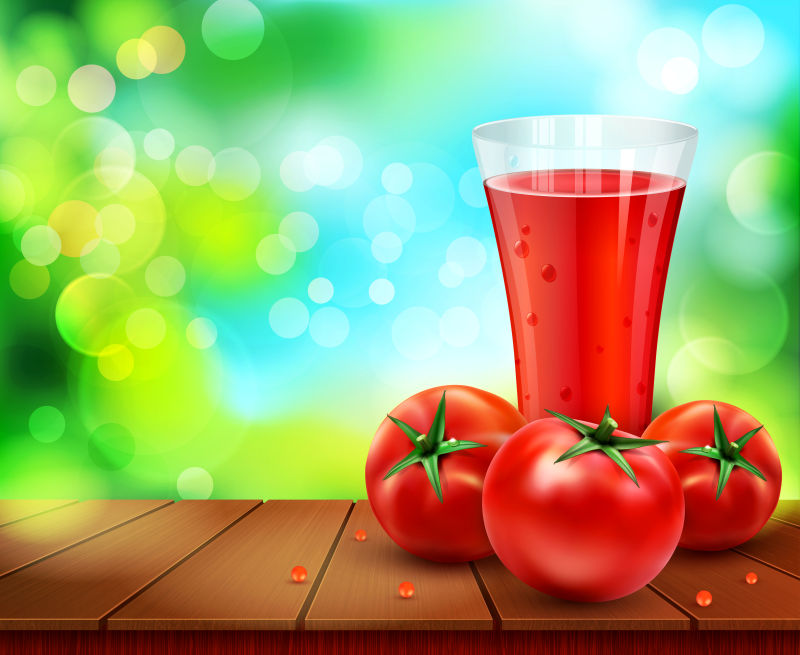 矢量与番茄汁一杯-番茄站在木桌上的背景天空和绿叶