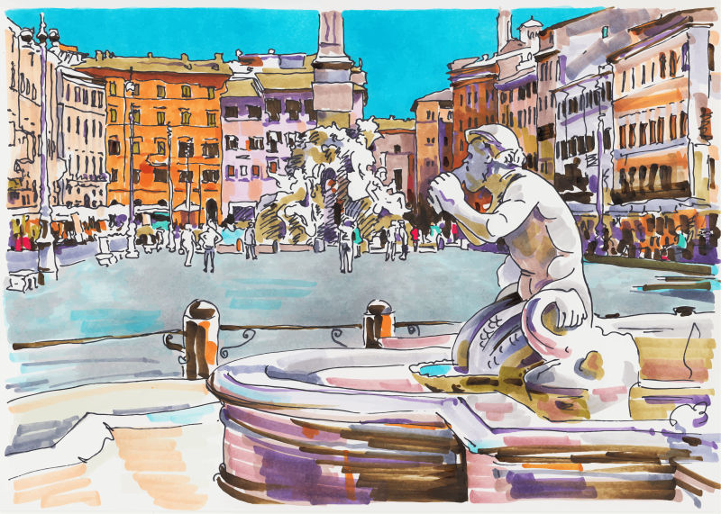 抽象矢量意大利广场水彩插图设计