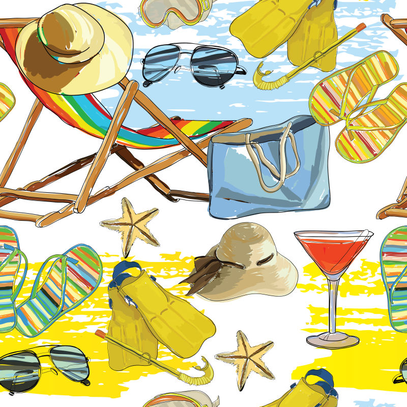 夏日无缝图案戴着帽子斜倚在沙滩上太阳镜