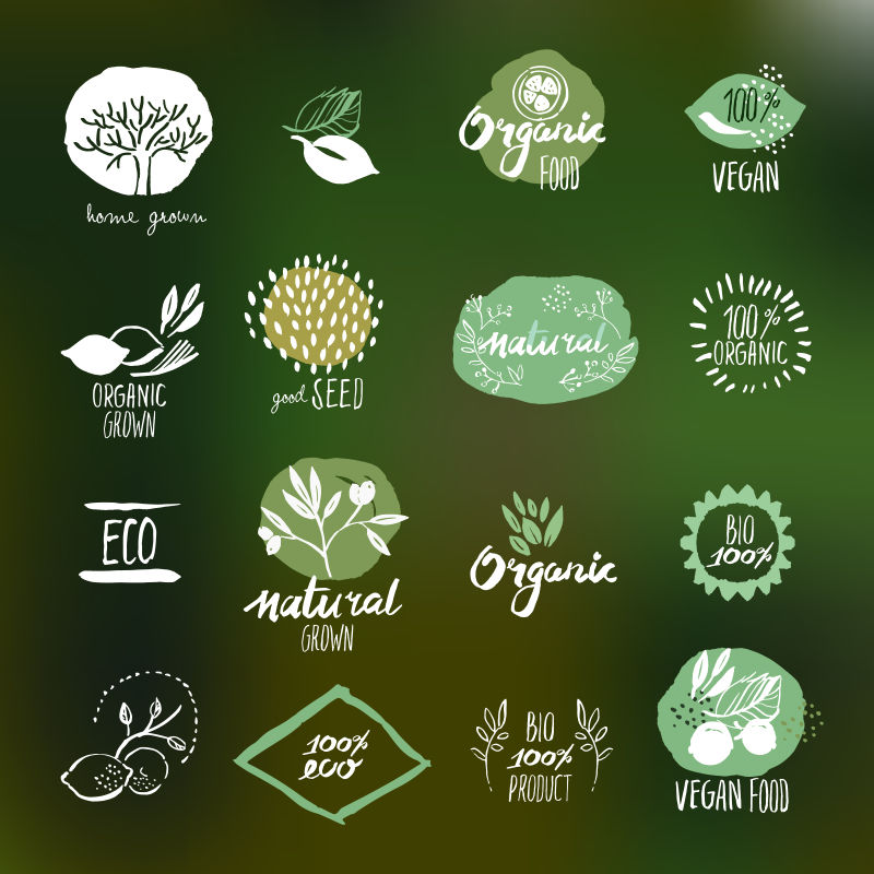 以自然为背景为有机食品饮料天然产品餐饮保健食品市场和生产提供一套手绘式标签和徽章矢量插图