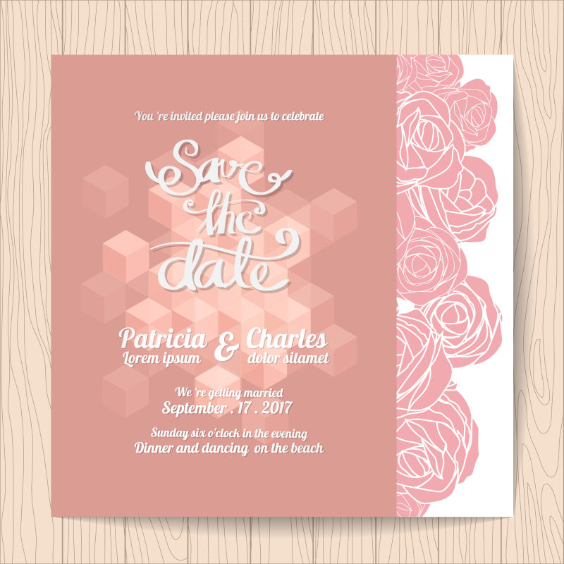 抽象矢量现代粉色花卉元素的婚礼请帖设计